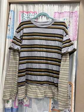 BDG Striped Layered-Look Long Sleeve Tee in Gray, Olive & Black